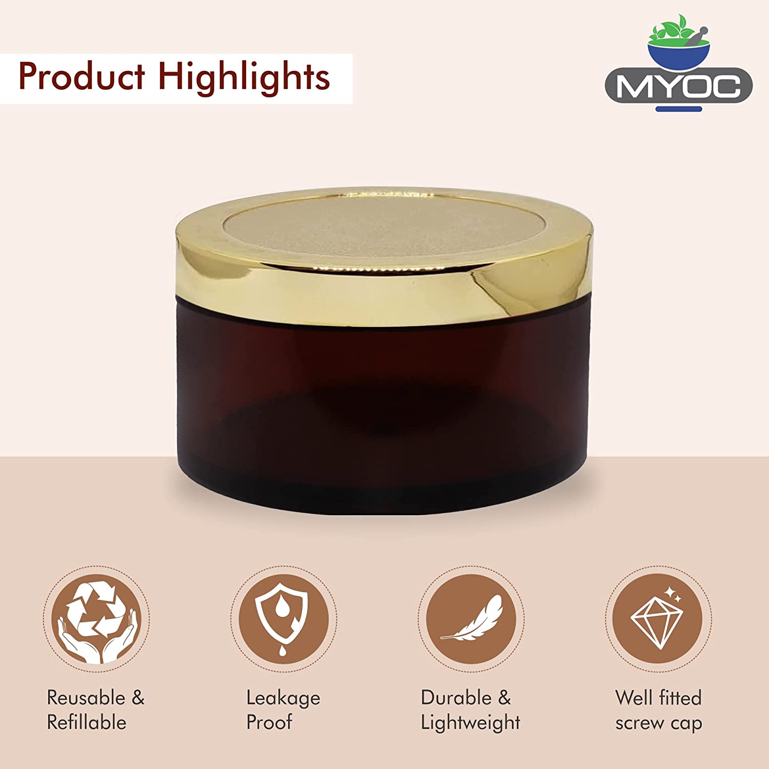 Shoprythm Cosmetic Jar MYOC Amber San Jars with Golden Cap & Inner lid for Creams, Gels, Body Scrub & Butter Shoprythm Cosmetic Jar MYOC Amber San Jars with Golden Cap & Inner lid for Creams, Gels, Body Scrub & Butter